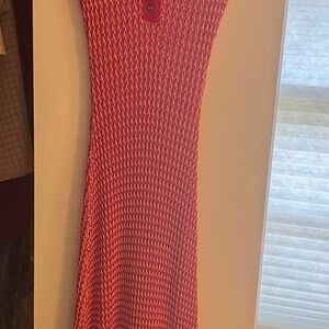 Maje Red and White Knit  Patterned Midi Dress